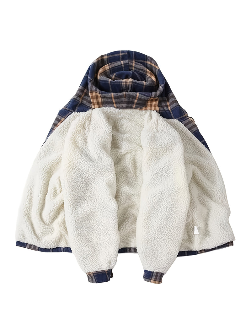 Men's Warm Jacket with Sherpa Lining, Plaid Hooded Zip-Up Winter Coat.