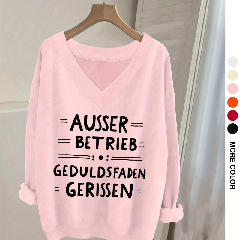 Women's Pink V-Neck Long Sleeve Sweater with German Letter Print.