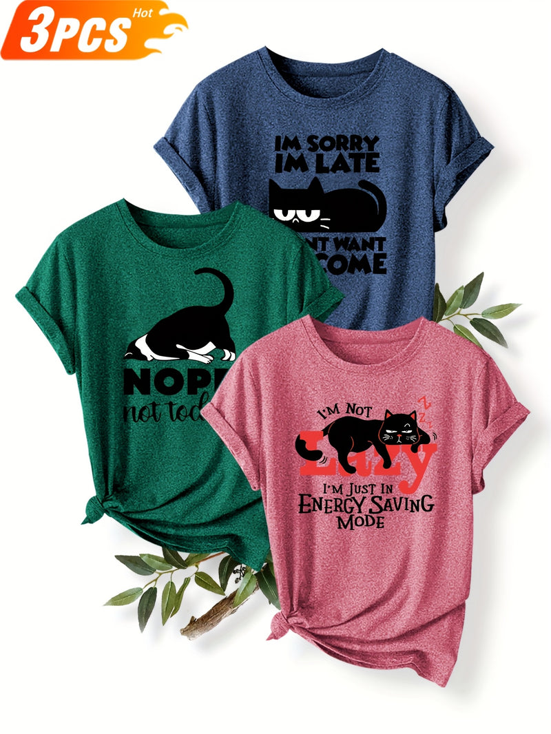 3pcs Women’s Featuring a Round-Neck Short-Sleeve T-Shirt.