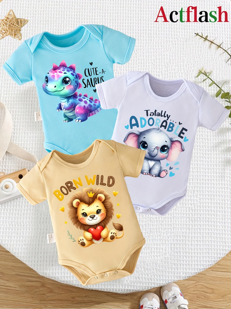 3pcs Cute Animal Print Baby Bodysuits | Soft Comfortable Crew Neck Newborn.