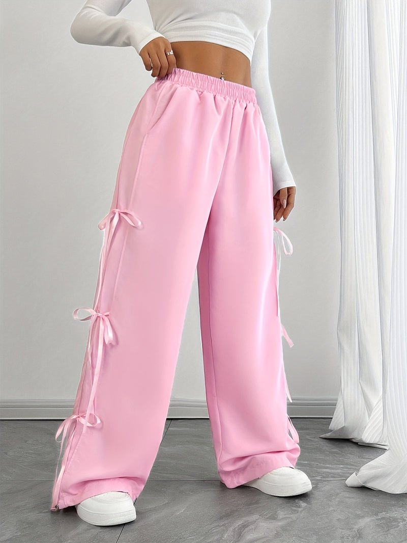Women’s Elastic Waist Suitable for Spring, Wide-Leg Pants with Side Bow.