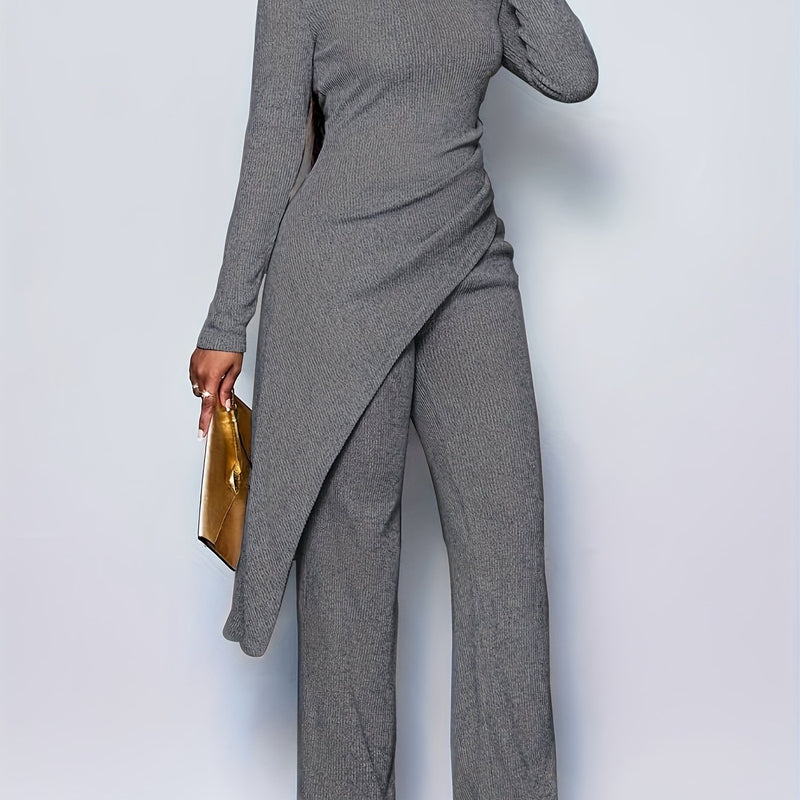 Women's Elegant Solid Color Fleece Ribbed Asymmetric Hem Top Paired with Flared Pants.