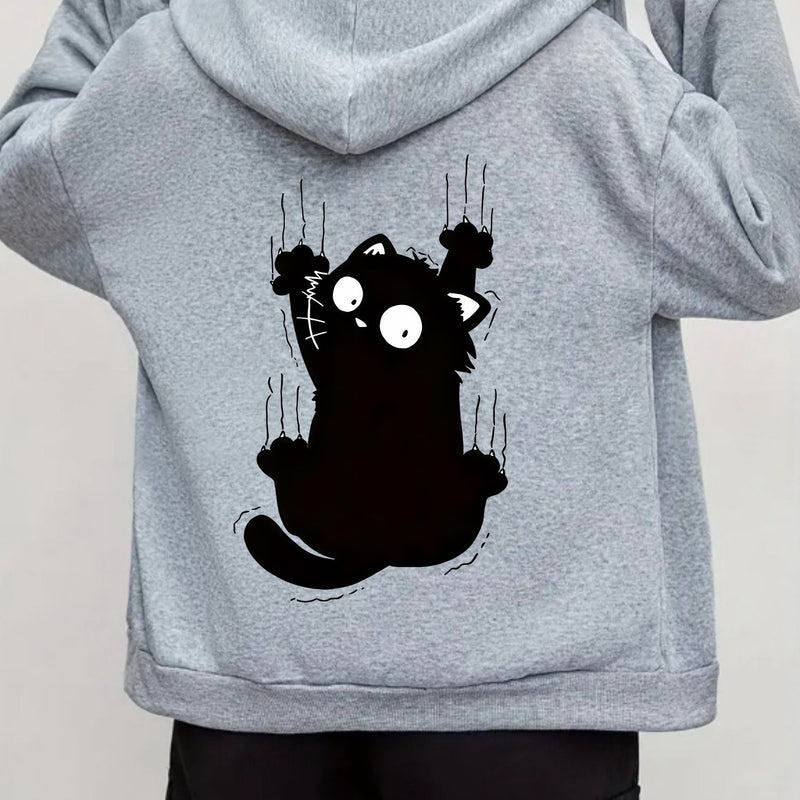 1pc Women's Casual Hooded Jacket with Cartoon Kitten Print.