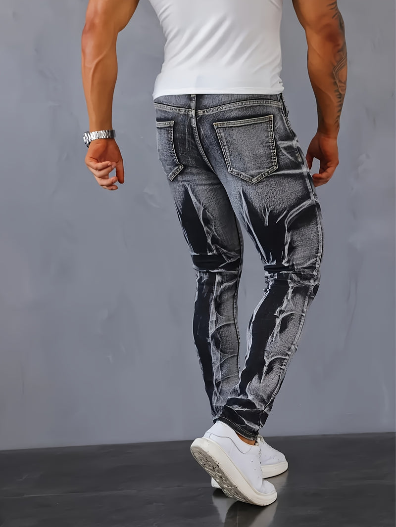 Men's Slim-Fit Stretch Denim Jeans with Irregular Tie-Dye Design.