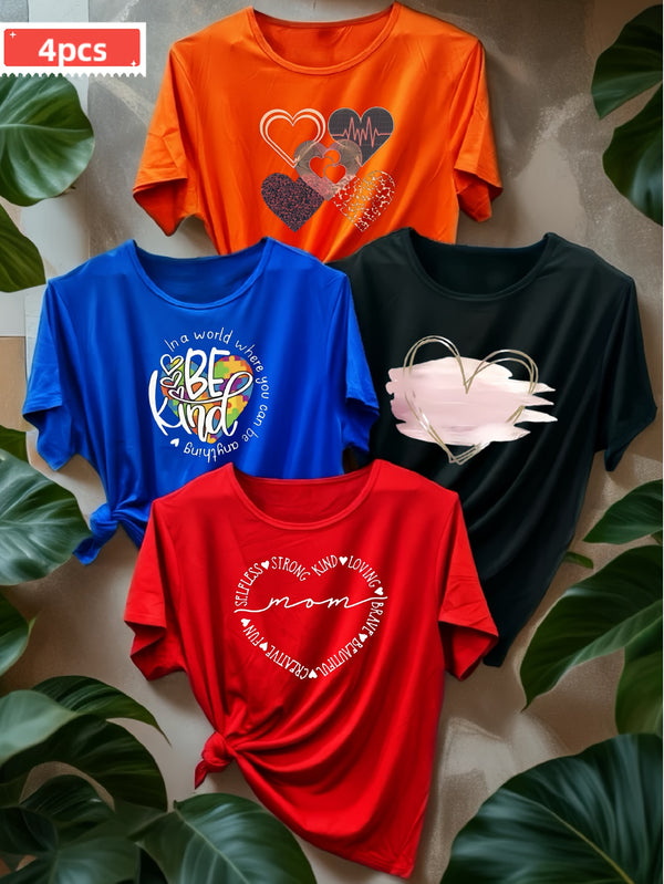 A Set of Four Diverse Heart-Patterned T-Shirts for Women.