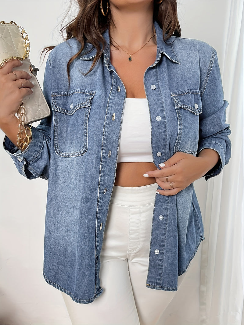 Women's Light Blue Denim Button-Up Shirt.