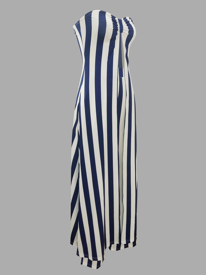 Women's Off-Shoulder Pantsuit with Side Pockets, Featuring Striped Prints.