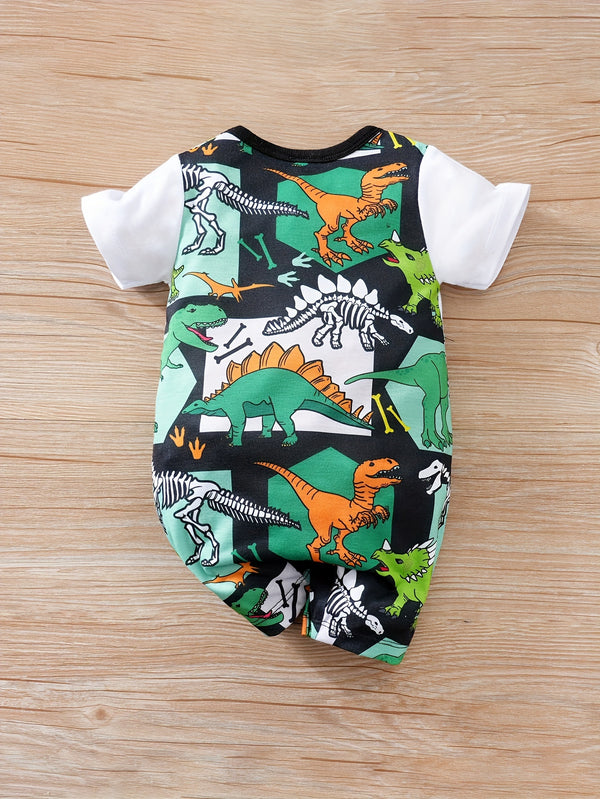 Summer Baby Romper with Cartoon Dinosaur Print And Faux Two-Piece.