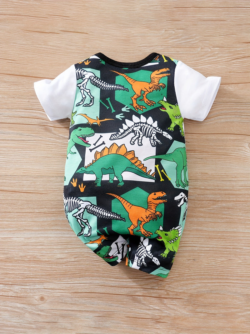Summer Baby Romper with Cartoon Dinosaur Print And Faux Two-Piece.