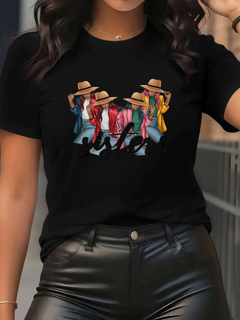 Ladies Sister Printed Short-Sleeve Round-Neck T-Shirt.