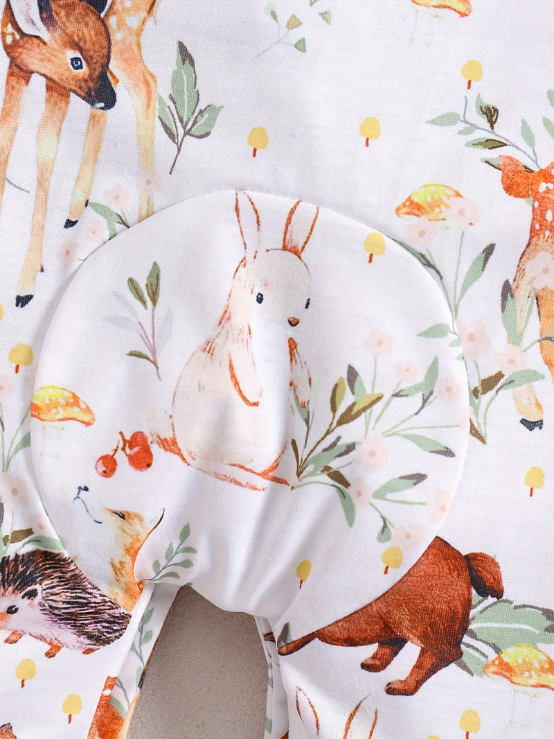 Children's Cartoon Animal Print Round Neck Long Sleeve Bodysuit.