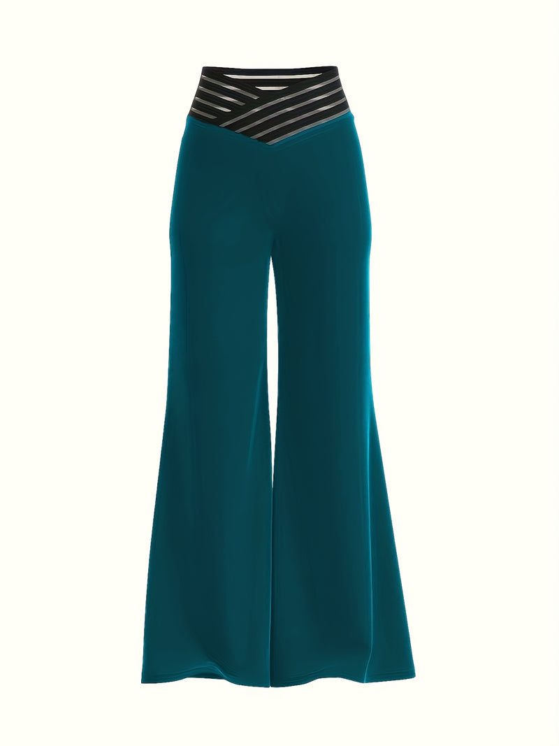 Women's High-Waist Flare Pants with Cross-Front Mesh Detail.