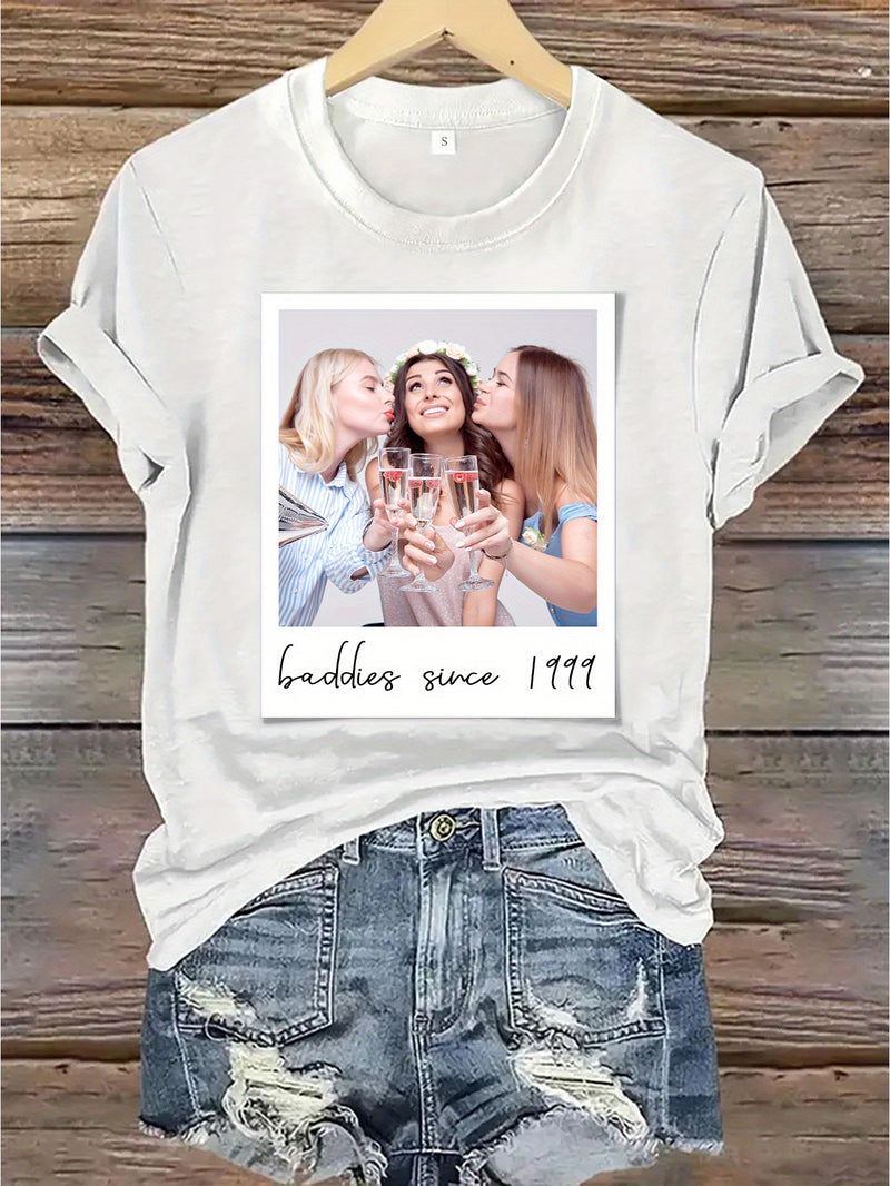 Women’s Custom Polaroid Photo & Text Commemorative T-Shirt.